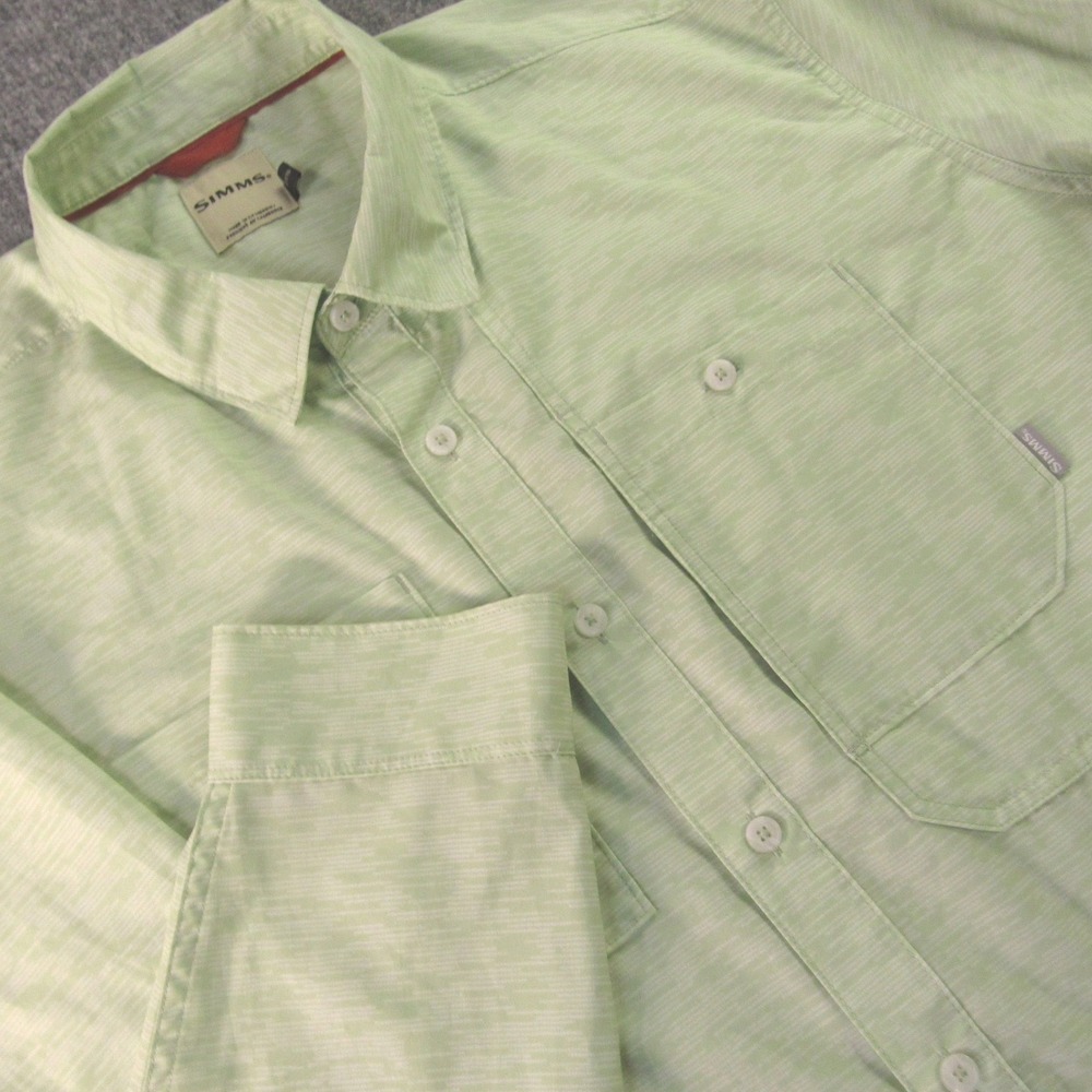 Simms Fishing Shirt Men 3XL Green Long Sleeve Fly Box Pocket Quick Dry Technical